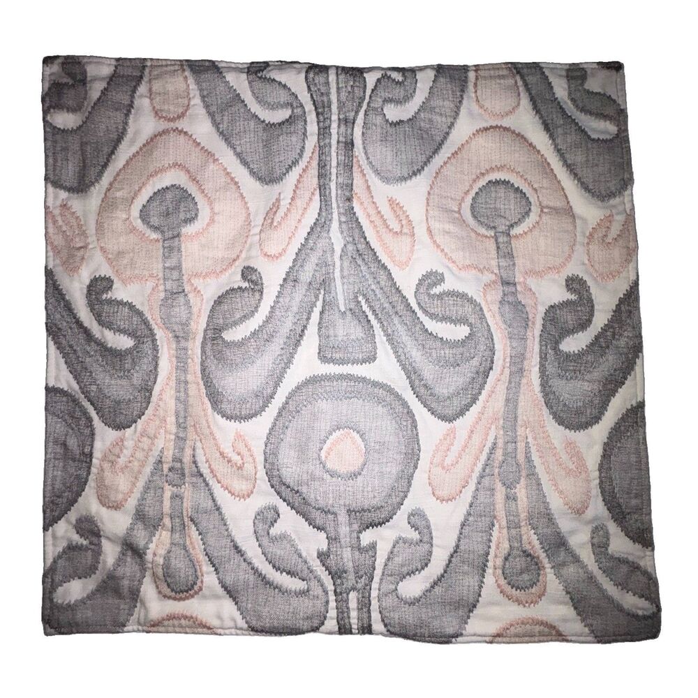 Pottery Barn Kenmare Ikat Pillow Cover 24x24 Gray Pink Blush Ivory Cotton Linen